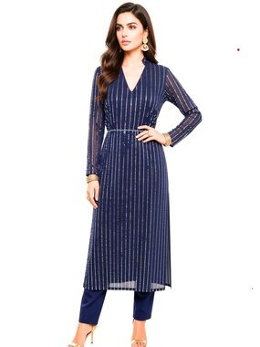 NWT! Indya Luxe Navy Shimmer Kurta / Tunic Dress with Silver Sequin Long Sleeve